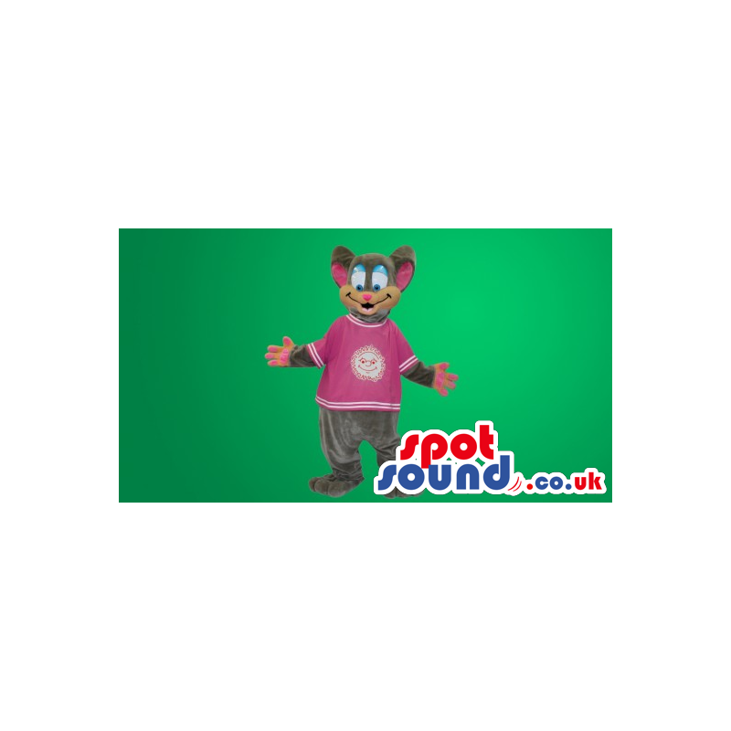 Funny Grey Mouse With Pink Shirt With Logo - Custom Mascots