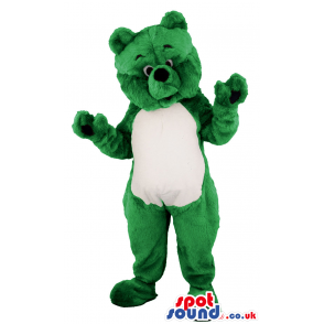 Cheerful green bear mascot with white underbelly and black nose