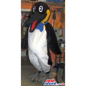 Penguin Plush Mascot With A White Tummy And Blue Bow Tie -