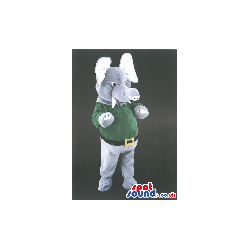 Standing elephant mascot with green jumper and black belt -