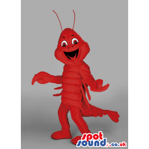 Ecstatic red lobster mascot with claws and antenna showing