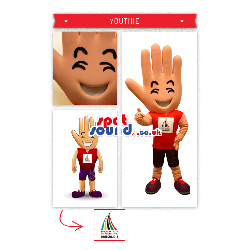 Excellent Hand Head Mascot With Sports T-Shirt And Logo -