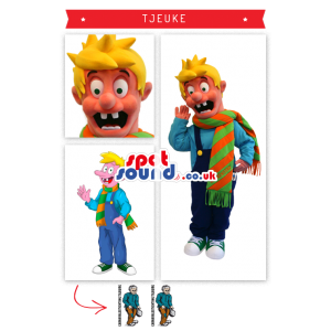 Blond Boy Mascot Wearing A Colourful Scarf - Custom Mascots