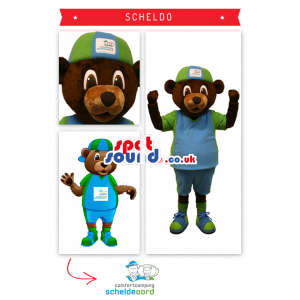 Brown Teddy Bear Mascot With Green And Blue Cap And Shirt -