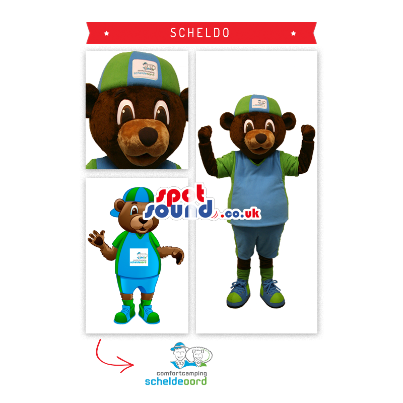 Brown Teddy Bear Mascot With Green And Blue Cap And Shirt -