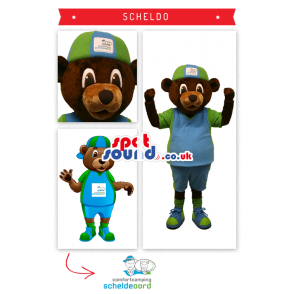 Brown Teddy Bear Mascot With Green And Blue Cap And Shirt -