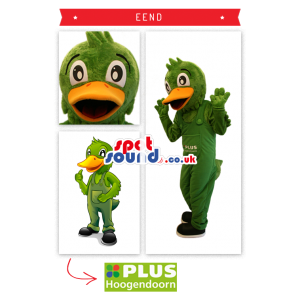 Green Duck Plush Mascot With Overalls And Text - Custom Mascots