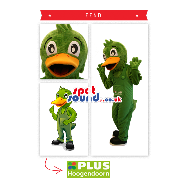 Green Duck Plush Mascot With Overalls And Text - Custom Mascots