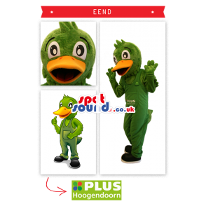 Green Duck Plush Mascot With Overalls And Text - Custom Mascots