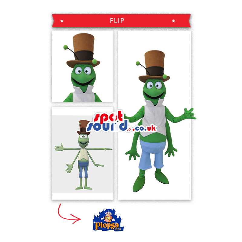 Green Grasshopper Mascot Wearing A Brown Top Hat - Custom