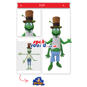 Green Grasshopper Mascot Wearing A Brown Top Hat - Custom