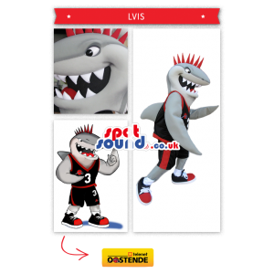 Grey Shark Mascot With Red Spiky Hair And Basketball Clothes -