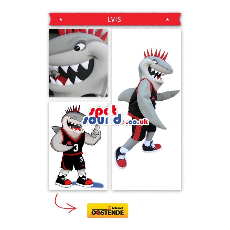 Grey Shark Mascot With Red Spiky Hair And Basketball Clothes -