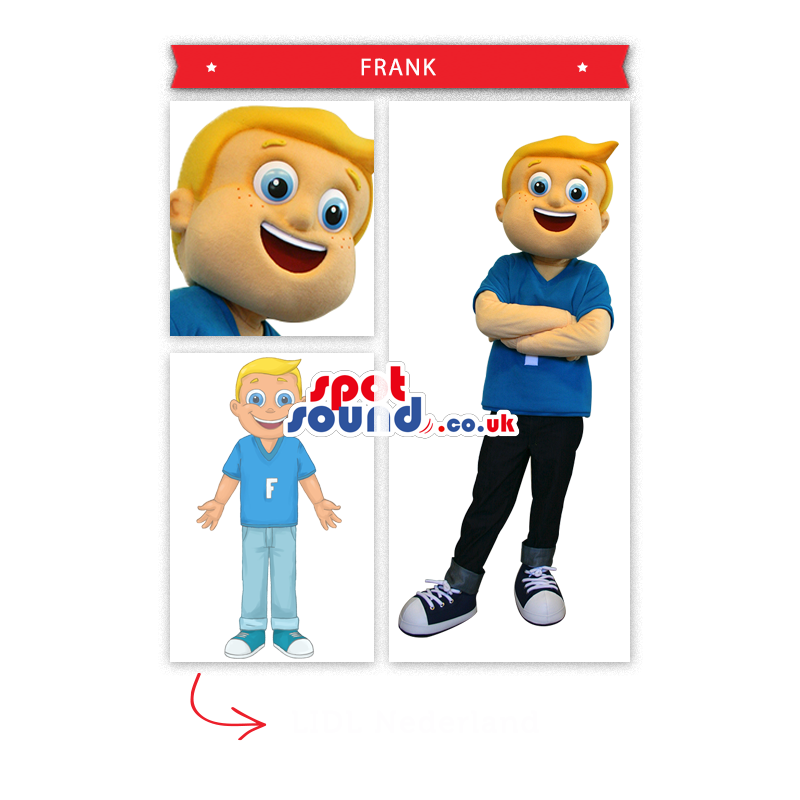Blond Boy Mascot Wearing Blue Clothes And A Letter - Custom