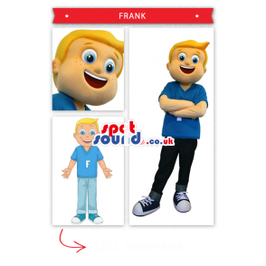 Blond Boy Mascot Wearing Blue Clothes And A Letter - Custom