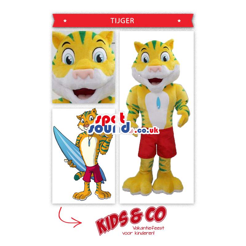 Yellow And Blue Tiger Mascot With A Surfer'S Look - Custom