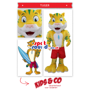 Yellow And Blue Tiger Mascot With A Surfer'S Look - Custom