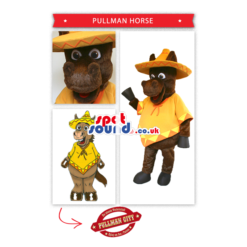 Brown Horse Mascot Wearing Mexican Poncho And Hat - Custom