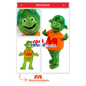 Green Creature Mascot Wearing An Orange Shirt - Custom Mascots