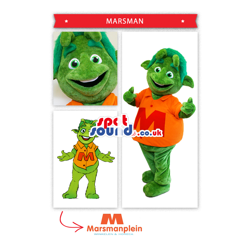 Green Creature Mascot Wearing An Orange Shirt - Custom Mascots
