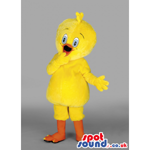 Delighted looking chick mascot with big innocent blue eyes -
