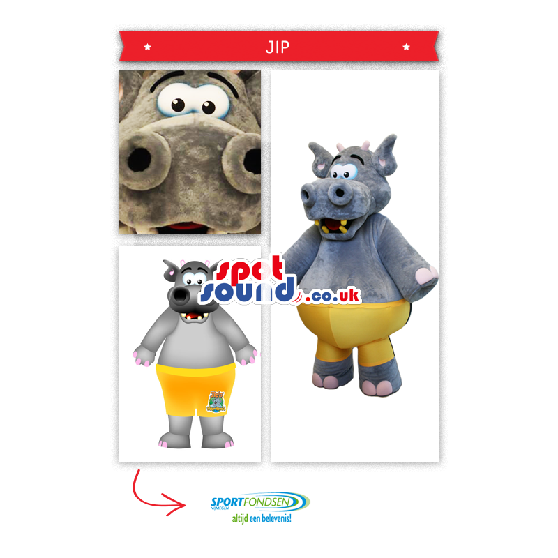 Grey Hippopotamus Plush Mascot Wearing Yellow Shorts - Custom