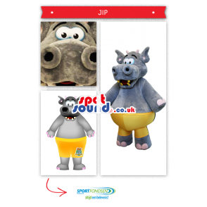Grey Hippopotamus Plush Mascot Wearing Yellow Shorts - Custom