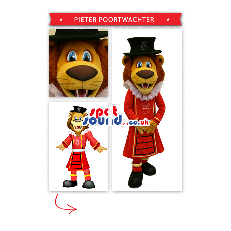 Lion Mascot Wearing Red Beefeater Uniform - Custom Mascots