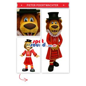 Lion Mascot Wearing Red Beefeater Uniform - Custom Mascots