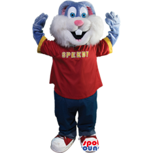 Grey Rabbit Plush Mascot Wearing A Red T-Shirt With Text -