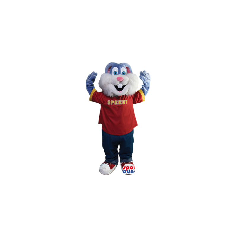 Grey Rabbit Plush Mascot Wearing A Red T-Shirt With Text -