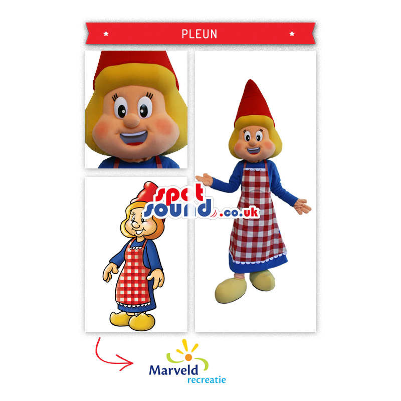 Girl Dutch Gnome With Red Hat And Checked Apron - Custom Mascots