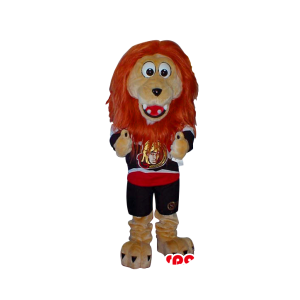 Beige Lion Plush Mascot With Red Hair Wearing Sports Shirt -