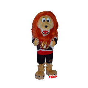 Beige Lion Plush Mascot With Red Hair Wearing Sports Shirt -