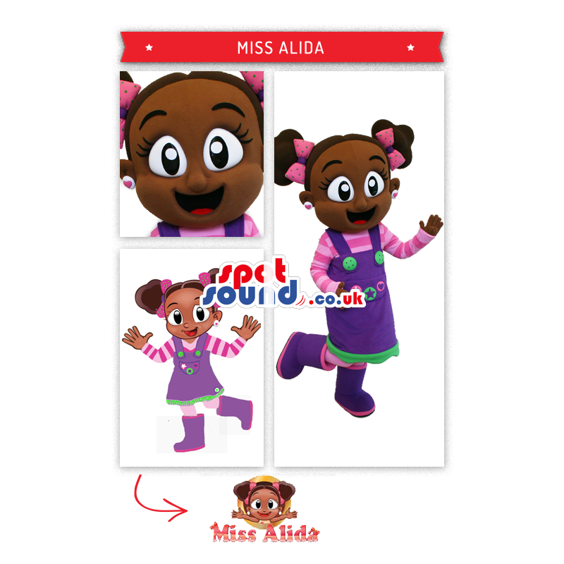 Girl Mascot With Pony Tails And Purple Dress - Custom Mascots