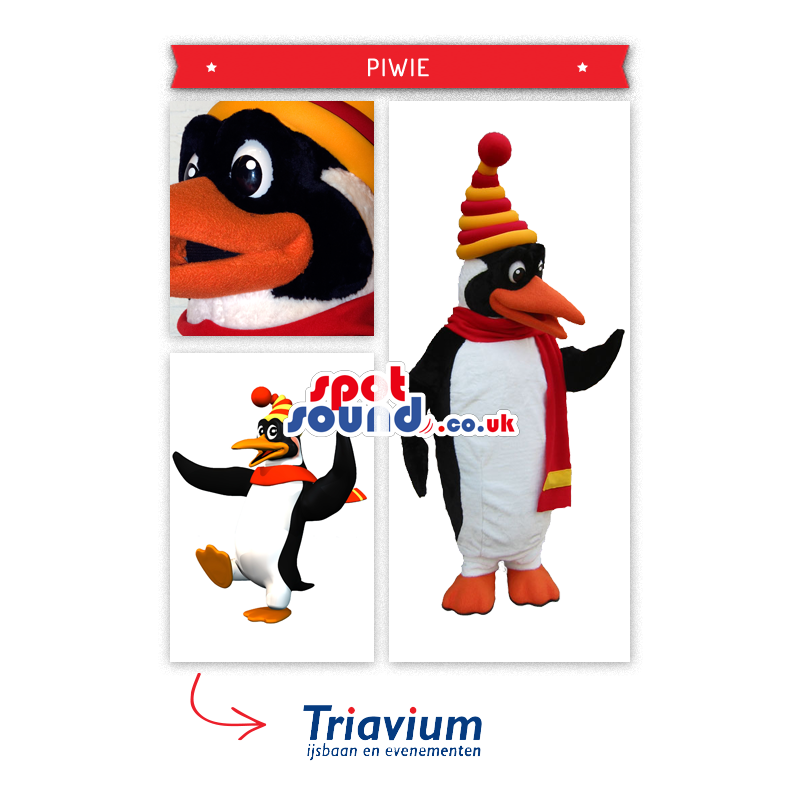 Penguin Plush Mascot Wearing A Winter Scarf And Hat - Custom