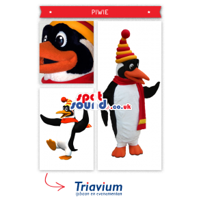 Penguin Plush Mascot Wearing A Winter Scarf And Hat - Custom