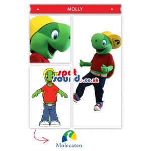 Green Frog Plush Mascot With A Red T-Shirt And Yellow Cap -