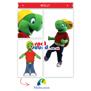 Green Frog Plush Mascot With A Red T-Shirt And Yellow Cap -