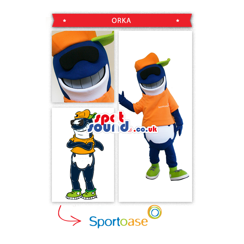 Blue Dolphin Mascot Wearing An Orange Cap And T-Shirt - Custom