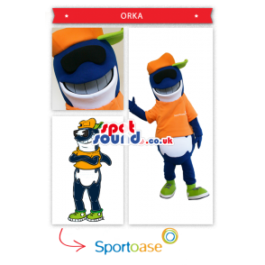 Blue Dolphin Mascot Wearing An Orange Cap And T-Shirt - Custom