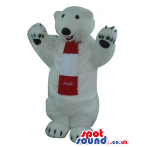 White bear wearing red and white scarf with coca cola logo -