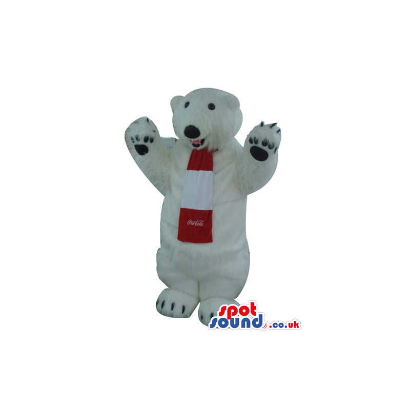 White bear wearing red and white scarf with coca cola logo -