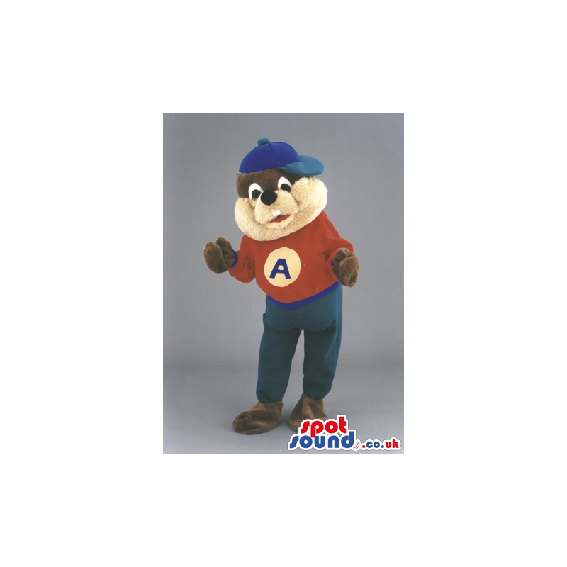 Bear mascot wearing urban T-shirt, blue hat and trousers -