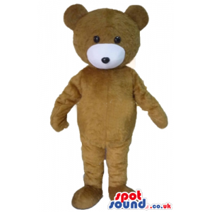 Brown teddy bear with white mouth, round ears and black eyes -