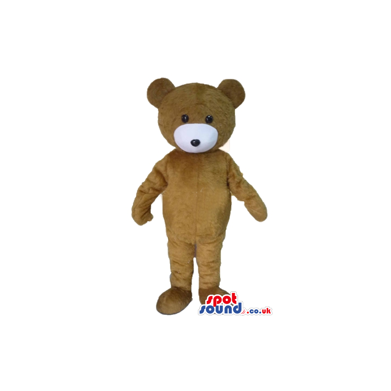 Brown teddy bear with white mouth, round ears and black eyes -