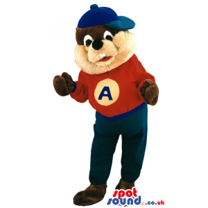 Bear mascot wearing urban T-shirt, blue hat and trousers -