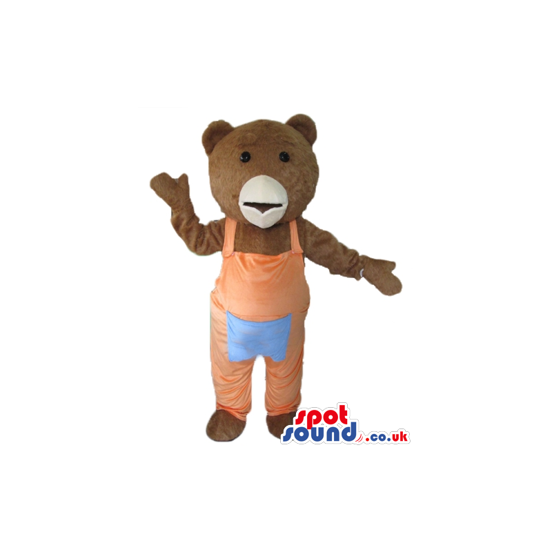 Brown teddy bear mascot in pink gardener trouseres with a