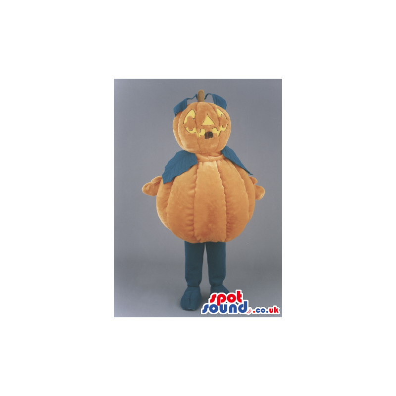 Pumpkin mascot with green leaves and yellow "carvings" - Custom