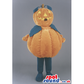 Pumpkin mascot with green leaves and yellow "carvings" - Custom